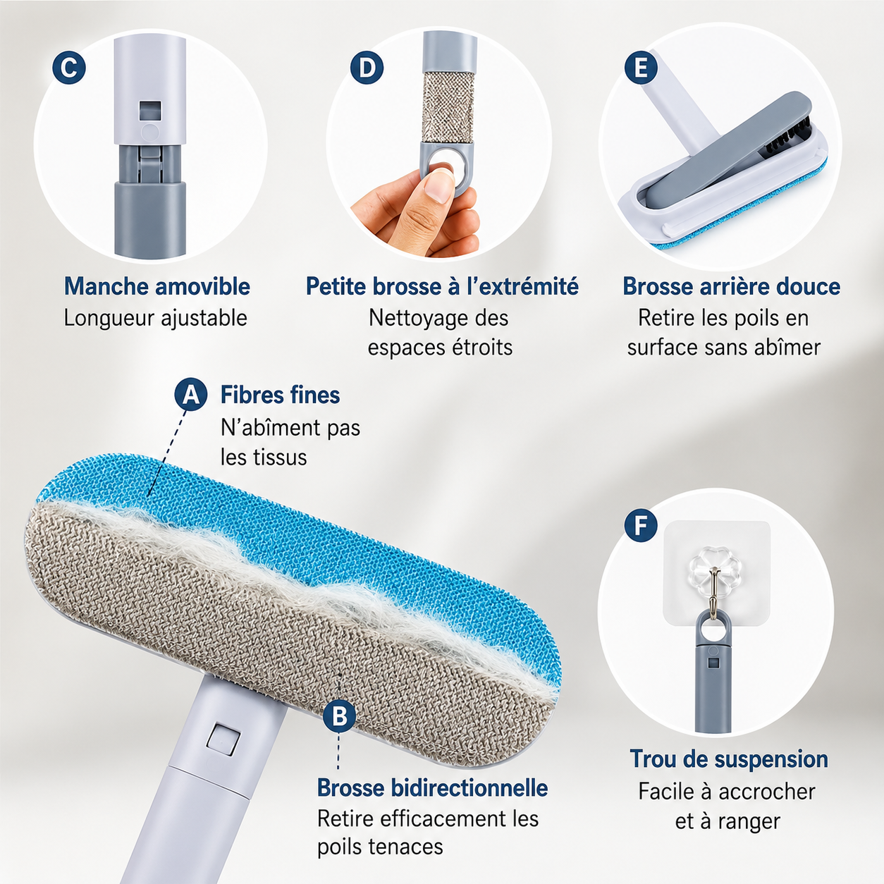Brosse anti-poils bidirectionnelle : fibres fines, brosse arrière et extrémité étroite