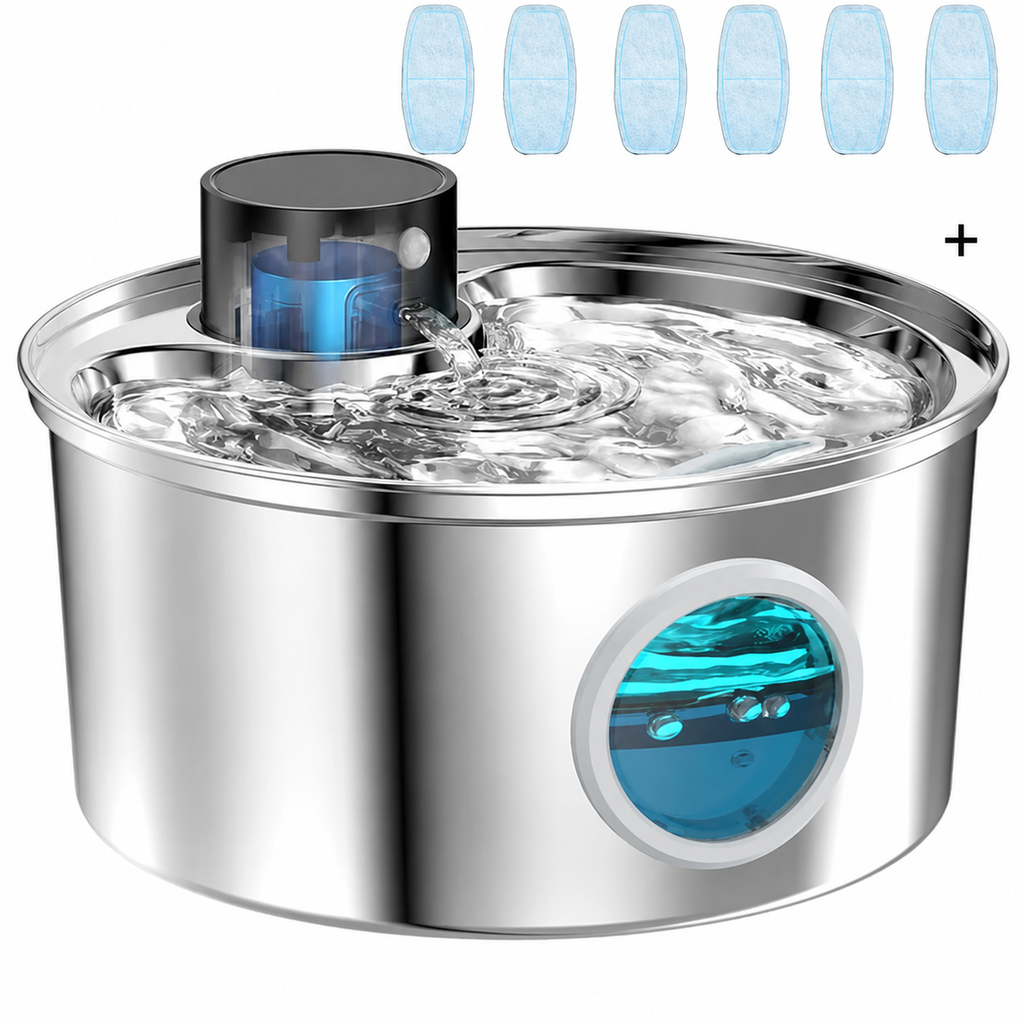 Fontaine à eau pour chat en acier inox, jet au centre et fenêtre de niveau d’eau bleue.