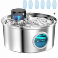 Fontaine à eau pour chat en acier inox, jet au centre et fenêtre de niveau d’eau bleue.