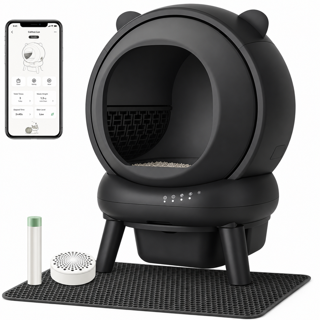 Litière autonettoyante connectée noire 65 L, entrée ronde ouverte et écran app