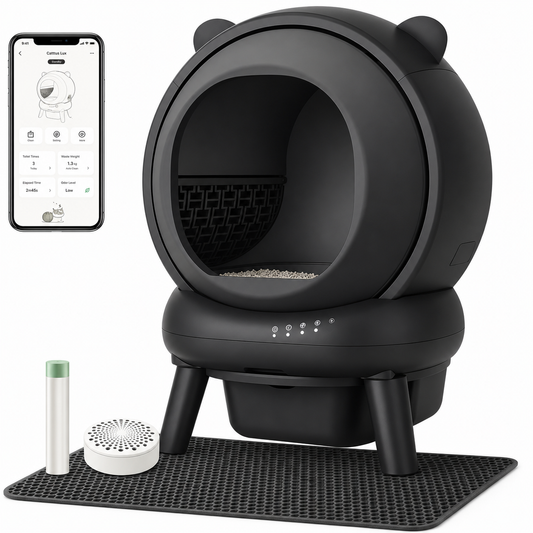 Litière autonettoyante connectée noire 65 L, entrée ronde ouverte et écran app