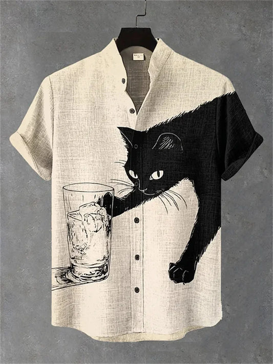 Chemise Hawaïenne Chat Homme — Imprimé Amusant, Col Montant, Style Décontracté