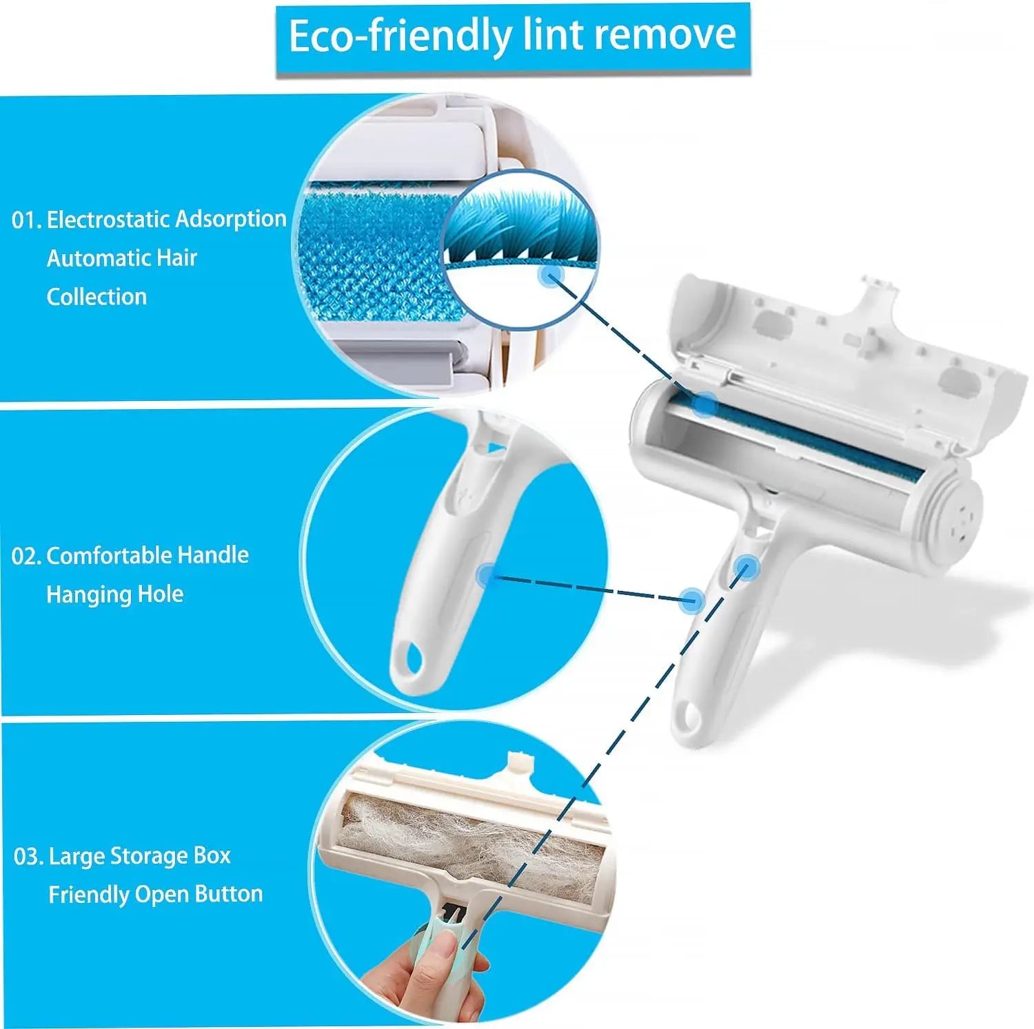 Brosse anti-poils blanche avec tête à rouleaux et poignée ergonomique