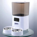 Distributeur automatique pour chat blanc, réservoir fumé et double gamelle avec caméra