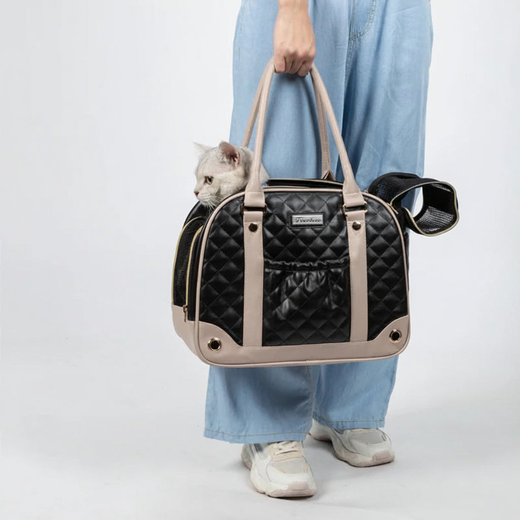 Sac de transport pour chat noir matelassé avec base beige et empiècement mesh sur le côté