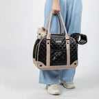 Sac de transport pour chat noir matelassé avec base beige et empiècement mesh sur le côté