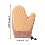 Gant de toilettage double face beige, surface à picots, dimensions indiquées.