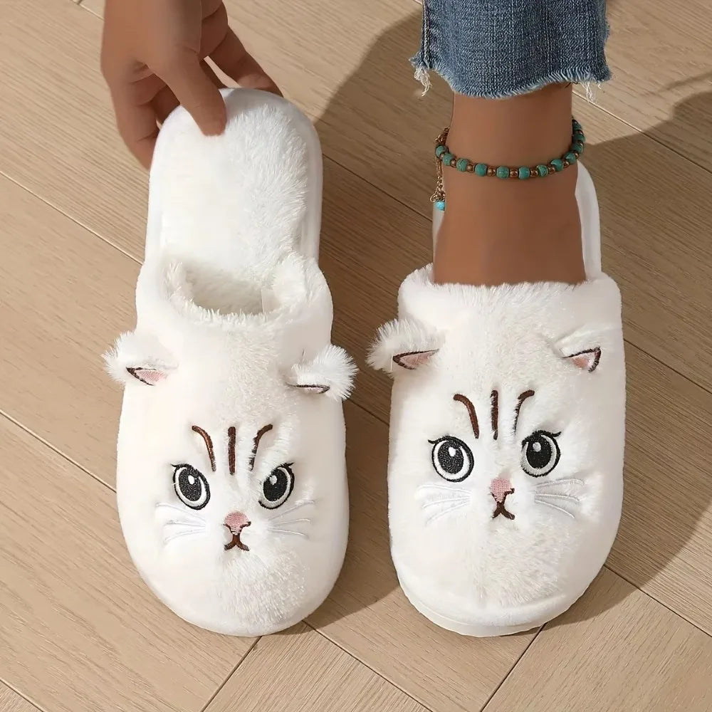 Chaussons Chat Peluche Femme - Pantoufles d'Hiver Chaudes Antidérapantes