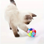 Balle de jeu pour chat en pompons multicolores, près d’un chat blanc.