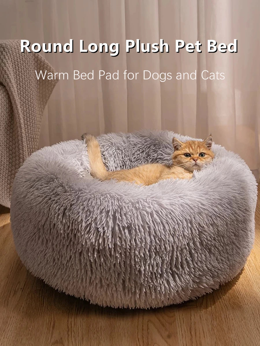 Panier chat et chien en peluche douillet rond beige - vue de face