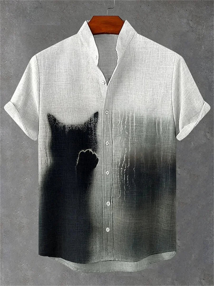 Chemise Hawaïenne Chat Homme — Imprimé Amusant, Col Montant, Style Décontracté