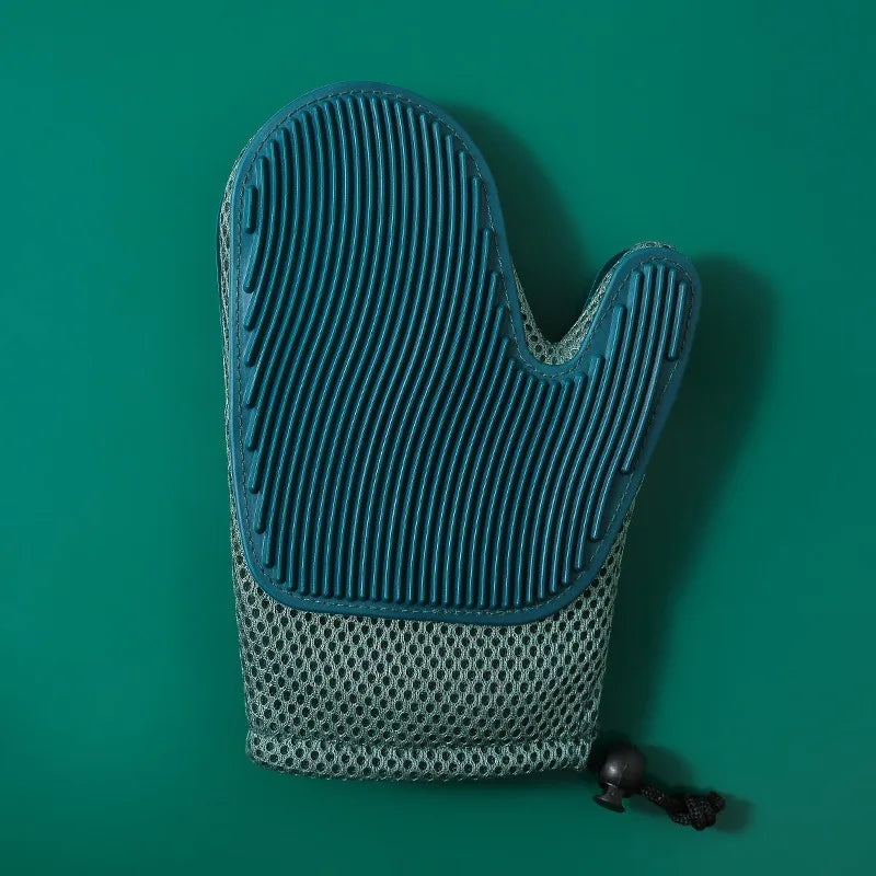 Gant de toilettage double face bleu foncé à picots, forme moufle