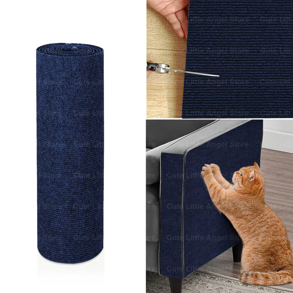 Tapis griffoir adhésif en sisal bleu foncé, rouleau cylindrique et chat sur canapé.