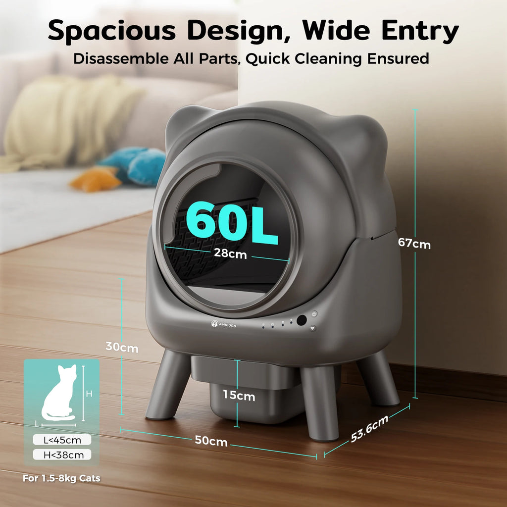 Litière automatique Cura X1 grise, grande entrée circulaire avec hublot