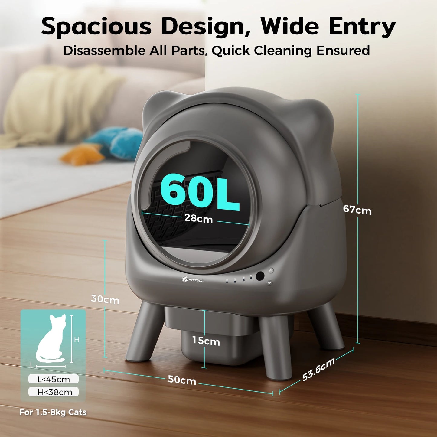 Litière Automatique Connectée Amicura Cura X1 – Autonettoyante avec Capteurs de Sécurité