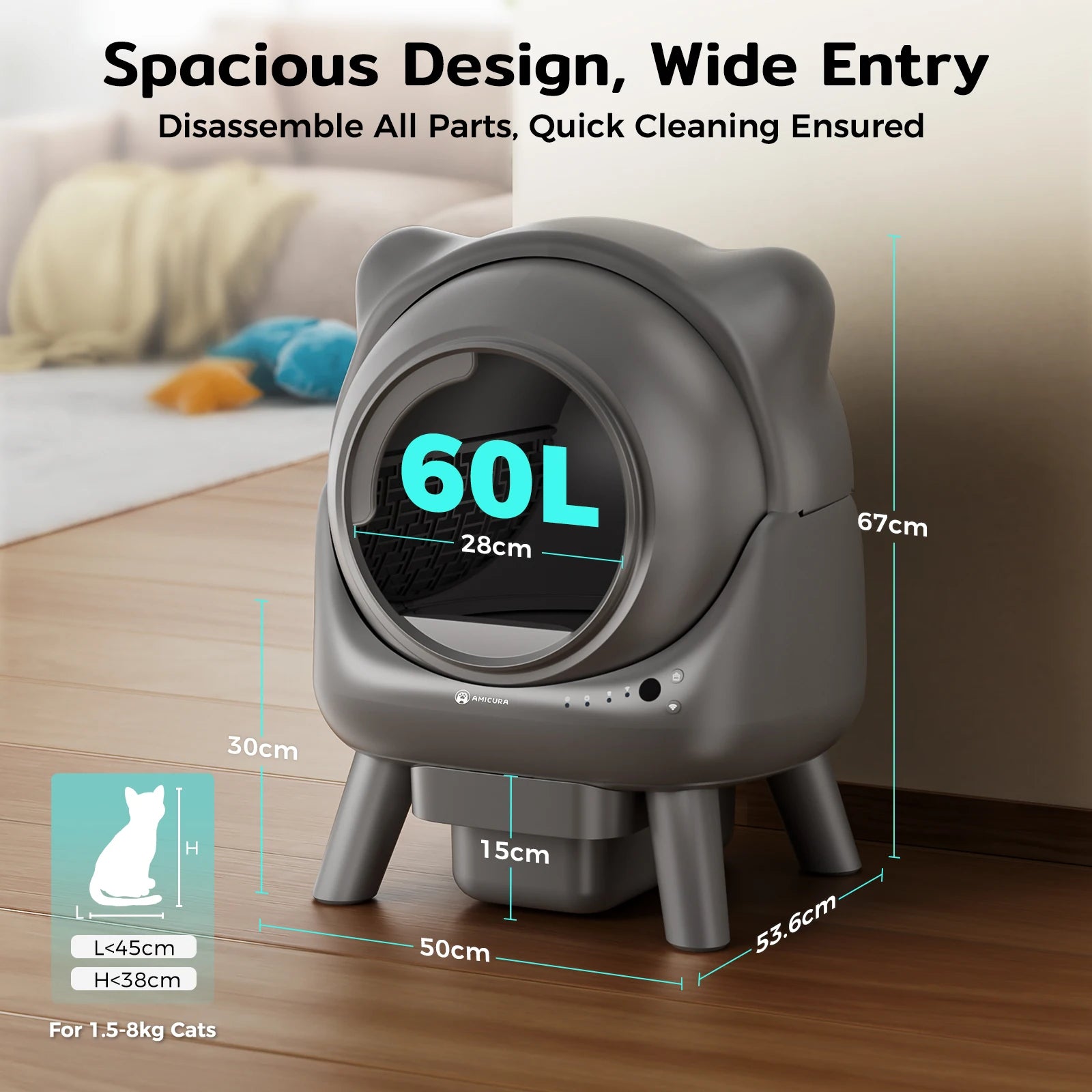 Litière automatique Cura X1 grise, grande entrée circulaire avec hublot