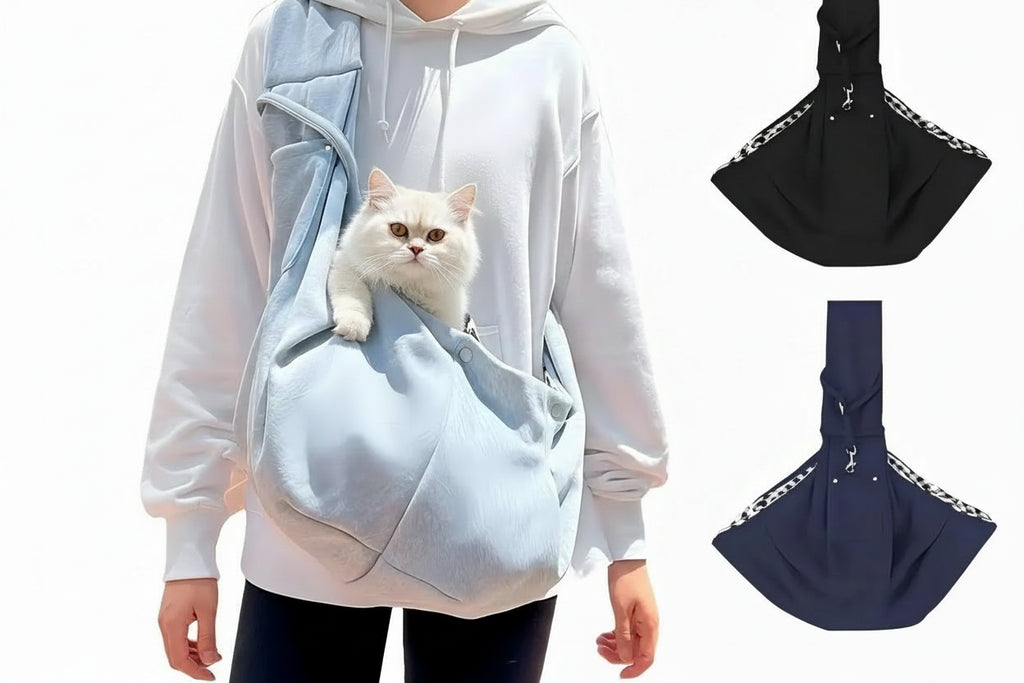 Sac bandoulière bleu clair avec bandoulière et poche avant, avec chat à l’intérieur