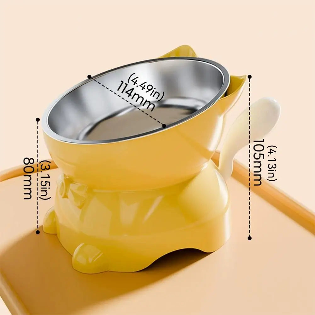 Gamelle inclinée pour chat en inox jaune, dimensions indiquées sur l’image
