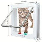 Chatière bidirectionnelle blanche, cadre avec dimensions, chat tigré entrant.