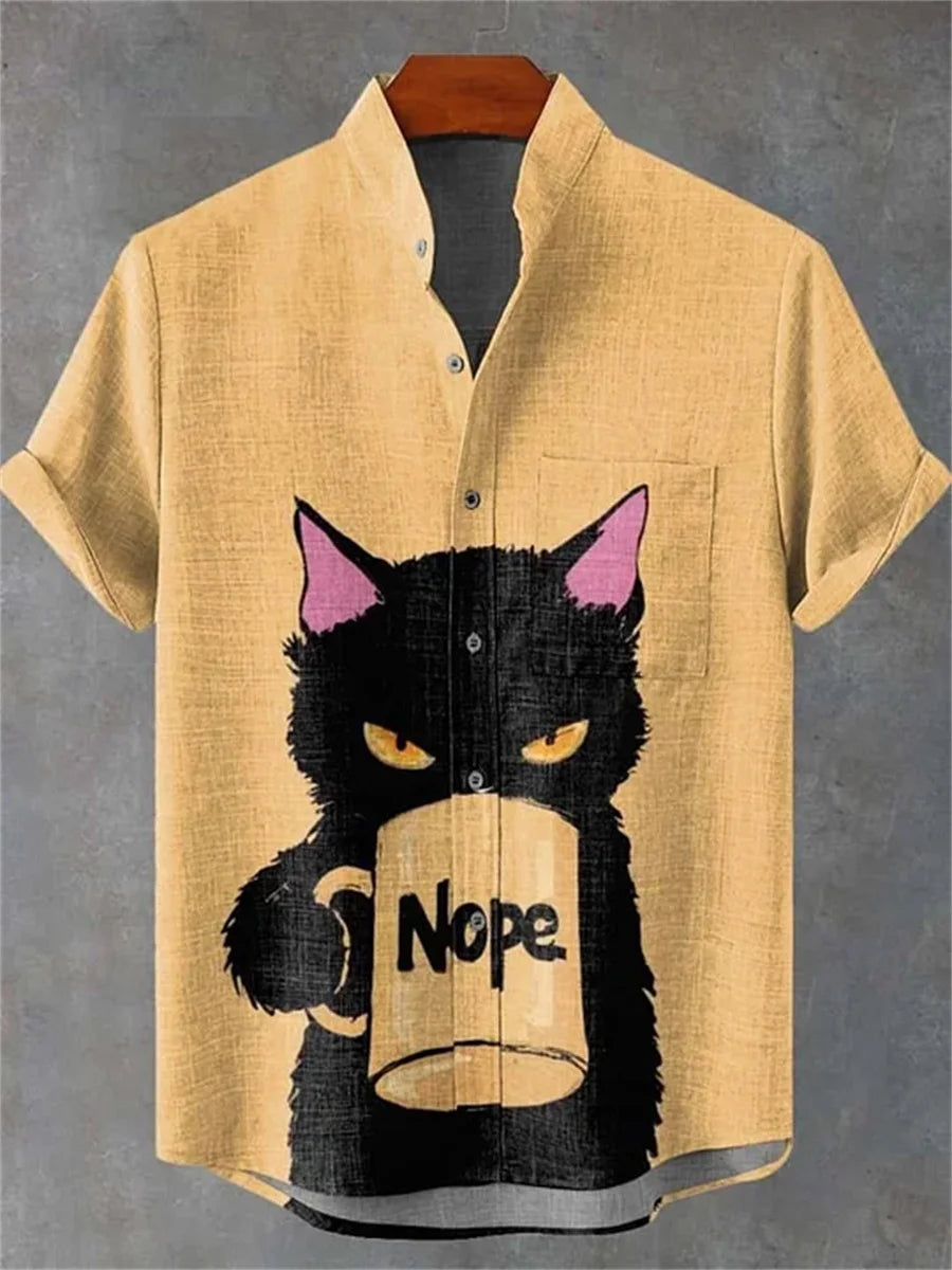Chemise Hawaïenne Chat Homme — Imprimé Amusant, Col Montant, Style Décontracté