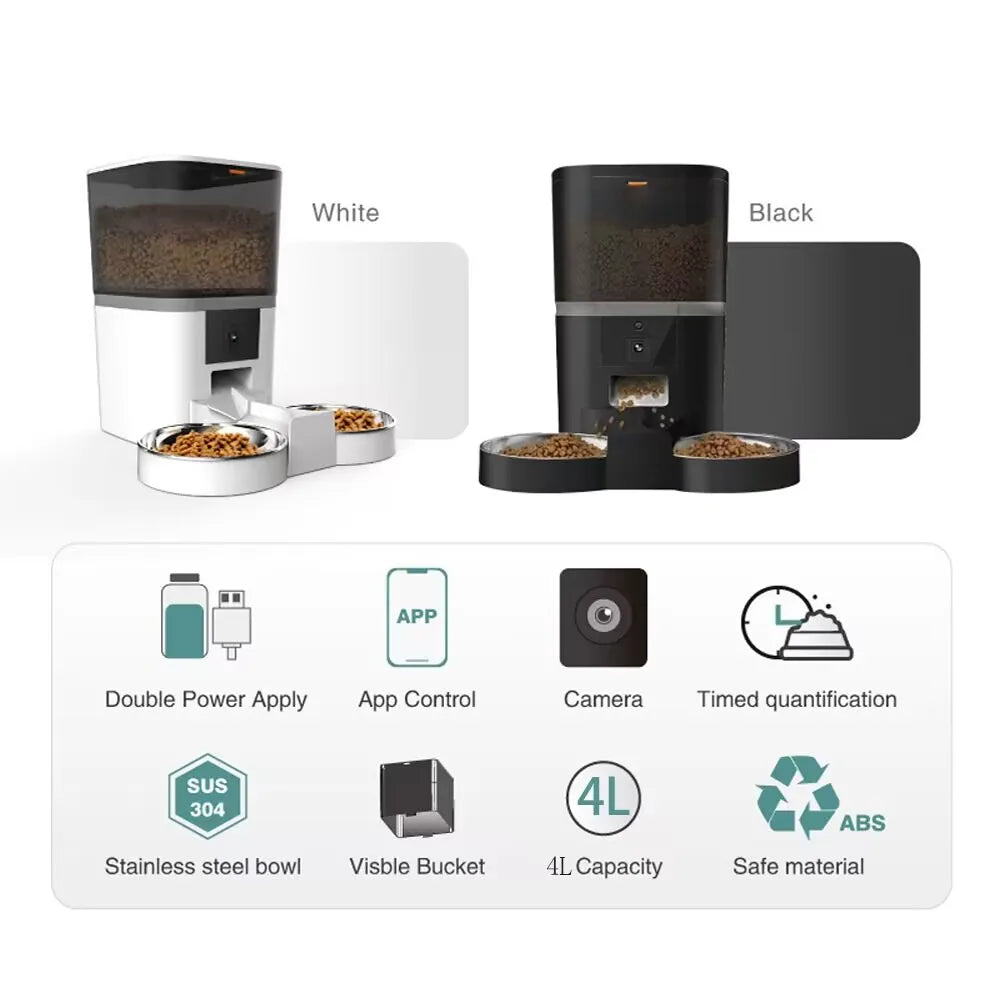 Distributeur automatique de croquettes 4L blanc et noir, avec indications d’application et caméra.