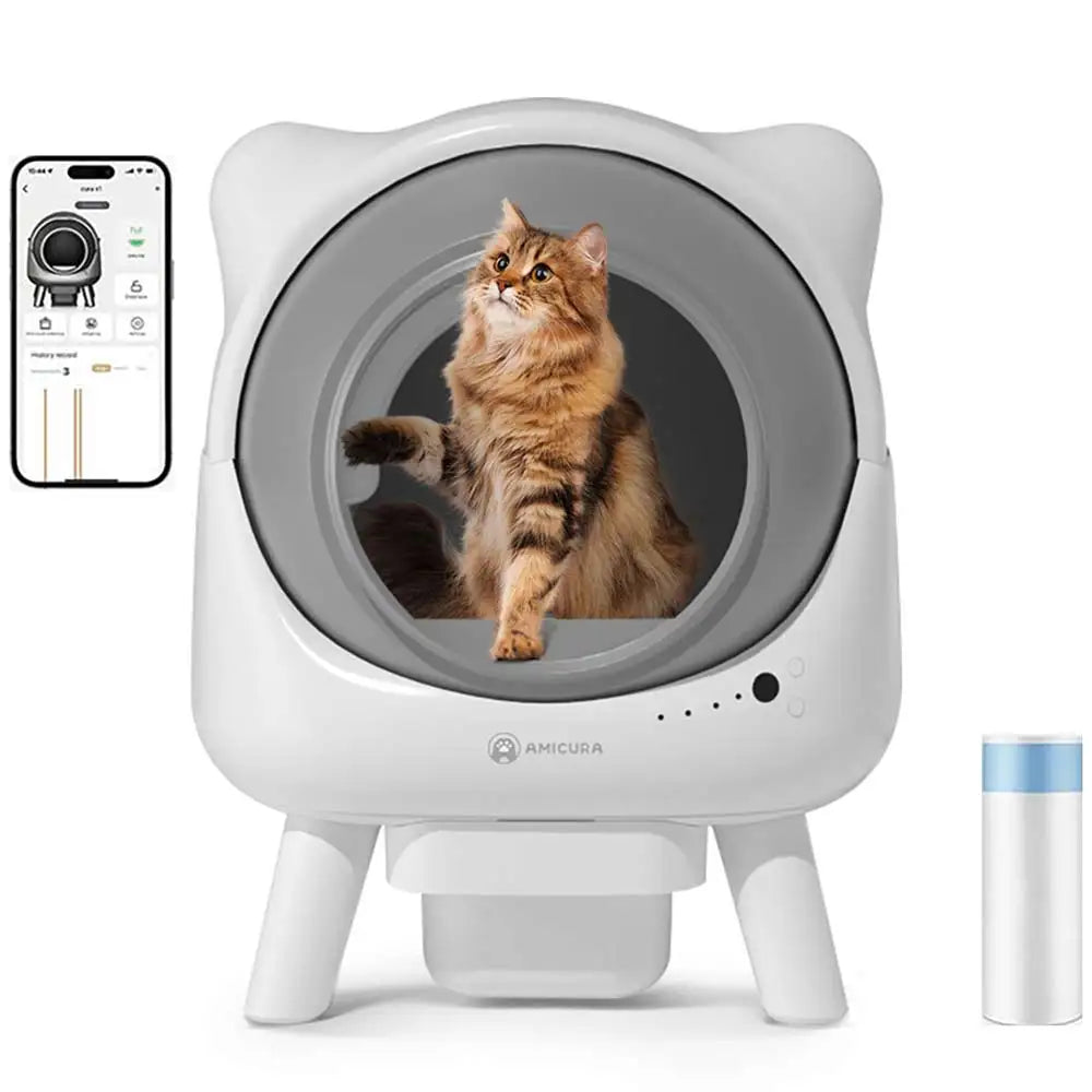 Litière automatique Cura X1 blanche, ouverture circulaire avec chat à l’intérieur