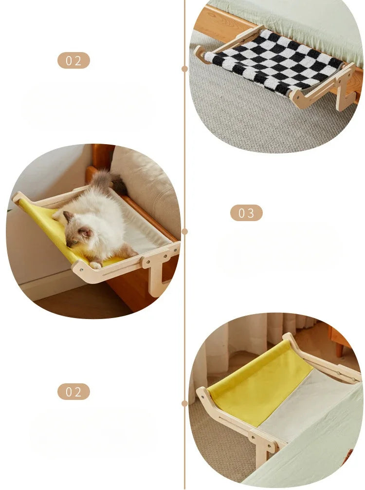 Nid suspendu pour chat en bois avec coussin à damier noir et blanc