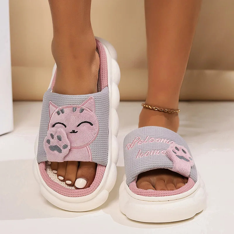 Chaussons Chat Mignon Femme — Pantoufles Plates Brodées Légères Été