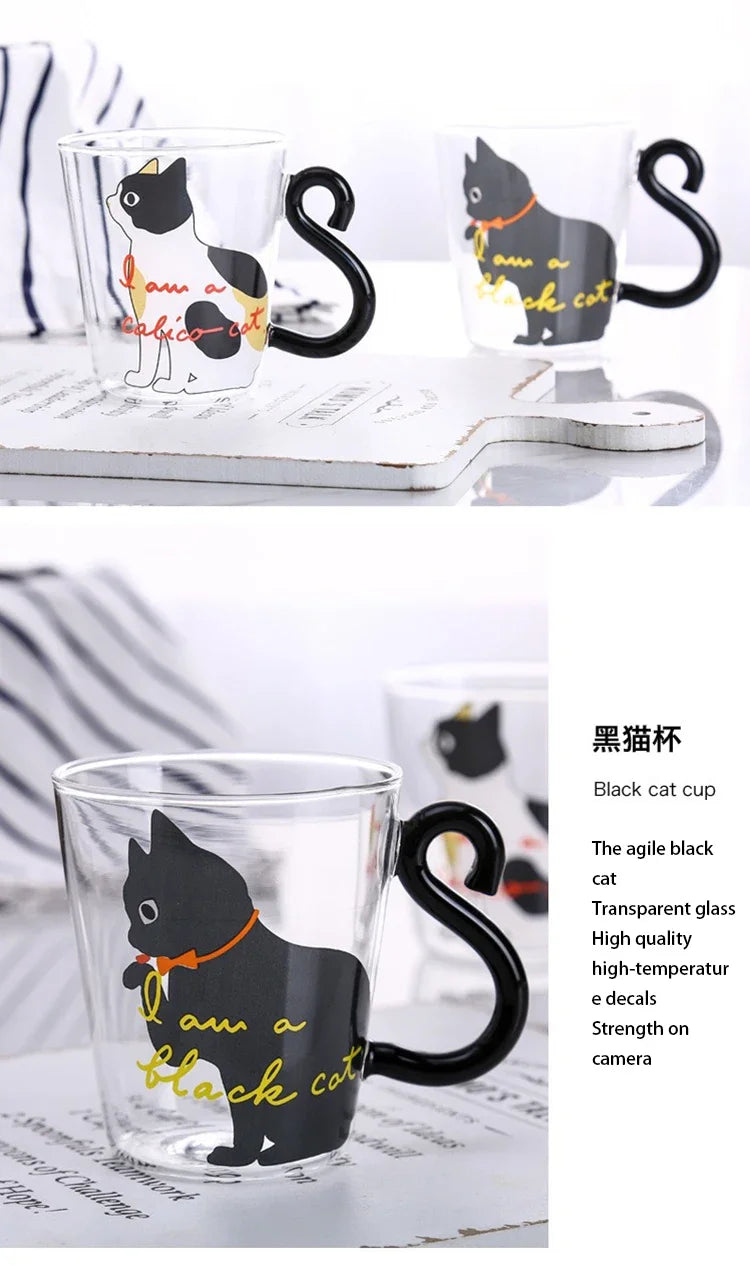 Mug en verre borosilicate transparent avec anse en forme de queue de chat, capacité 250 ml avec description 