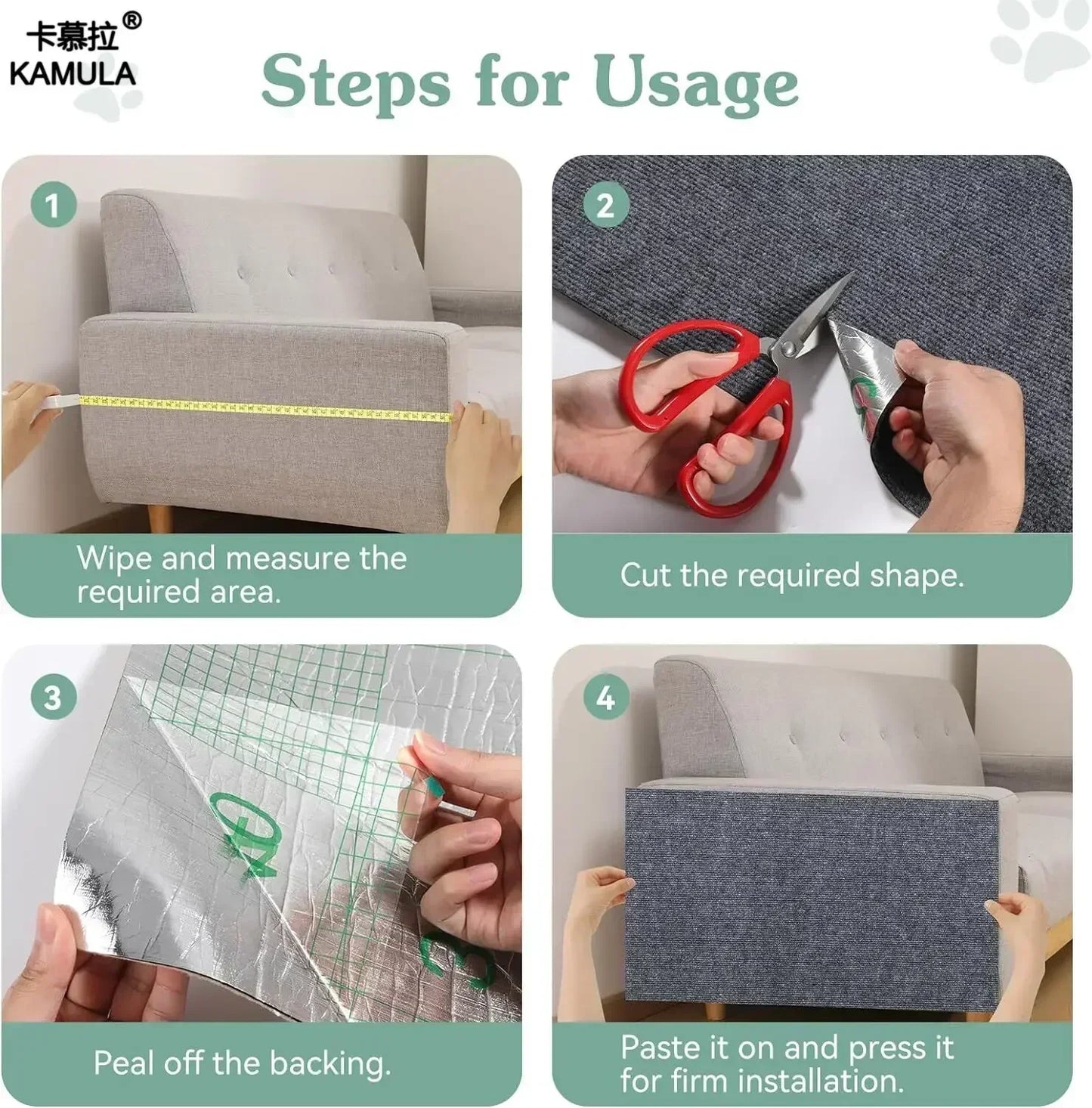 Tapis griffoir autocollant pour chat, installation étape par étape sur un canapé