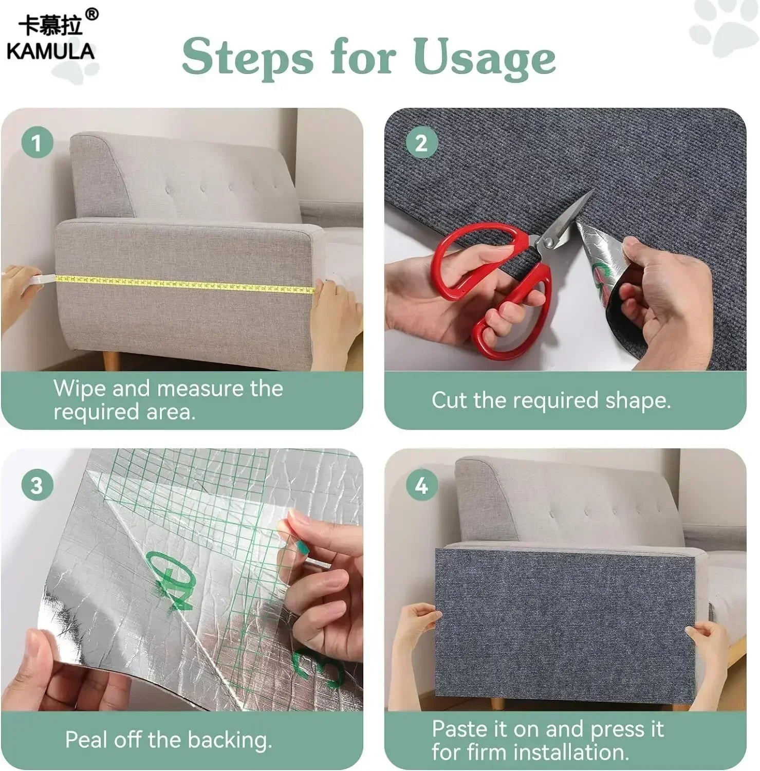 Tapis griffoir autocollant pour chat, installation étape par étape sur un canapé
