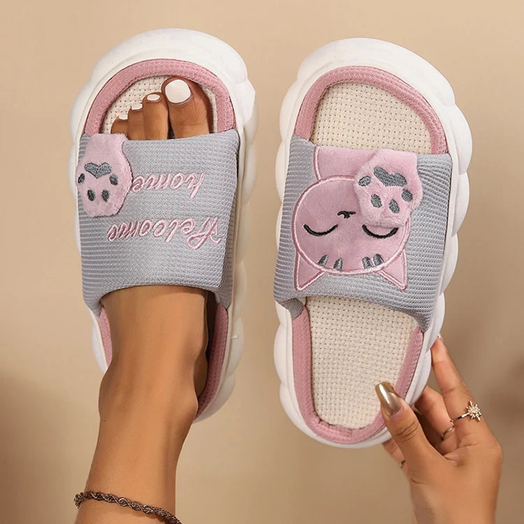 Chaussons Chat Mignon Femme — Pantoufles Plates Brodées Légères Été