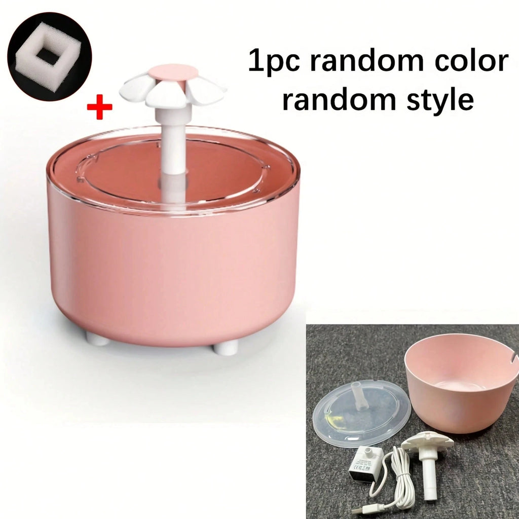Fontaine à eau automatique pour chat rose avec accessoires, bol et pompe visibles