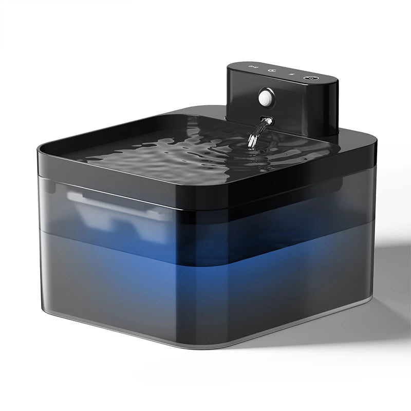 Fontaine à eau sans fil pour chat, forme rectangulaire, réservoir bleu et couvercle noir