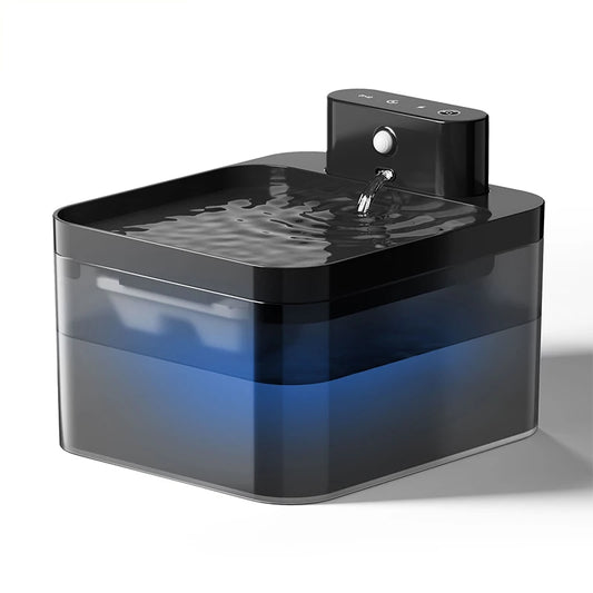 Fontaine à eau sans fil pour chat, forme rectangulaire, réservoir bleu et couvercle noir