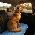 Tapis rafraîchissant bleu à motif losanges, chien assis sur le siège arrière