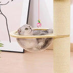 Hamac demi-lune de l’arbre à chat en tissu, avec chat gris et corde beige.
