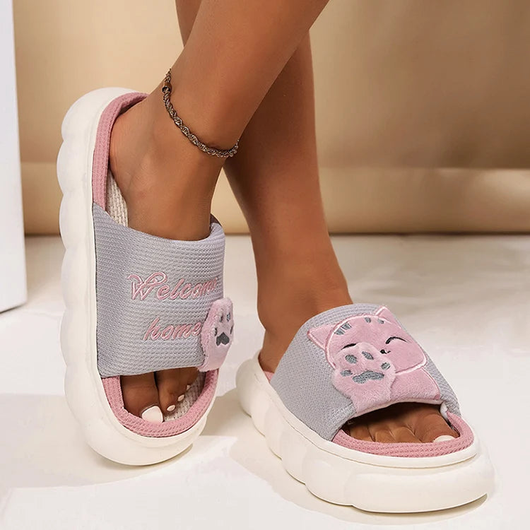 Chaussons Chat Mignon Femme — Pantoufles Plates Brodées Légères Été