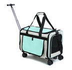 Sac de transport à roulettes turquoise et blanc, porte avant en maille, roues