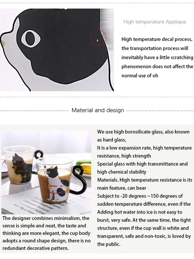 Mug en verre borosilicate transparent avec anse en forme de queue de chat avec description 