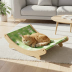 Transat rafraîchissant pour chat, structure en bois et housse verte à motifs avec coussin détachable