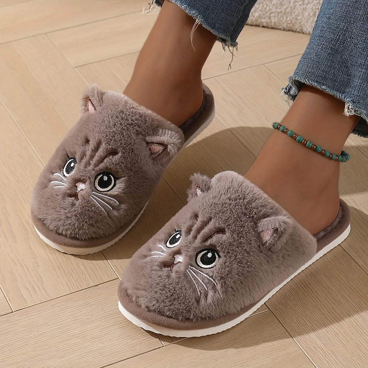 Chaussons Chat Peluche Femme - Pantoufles d'Hiver Chaudes Antidérapantes