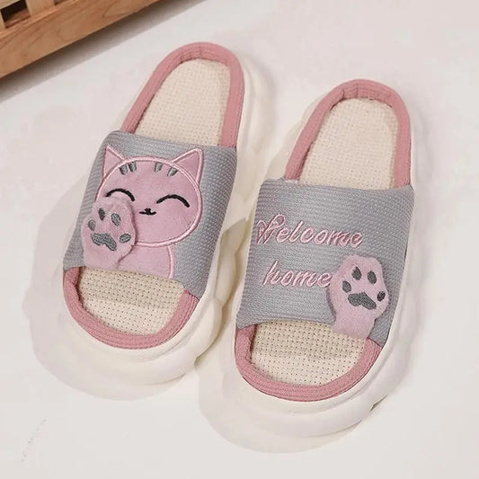 Chaussons Chat Mignon Femme — Pantoufles Plates Brodées Légères Été