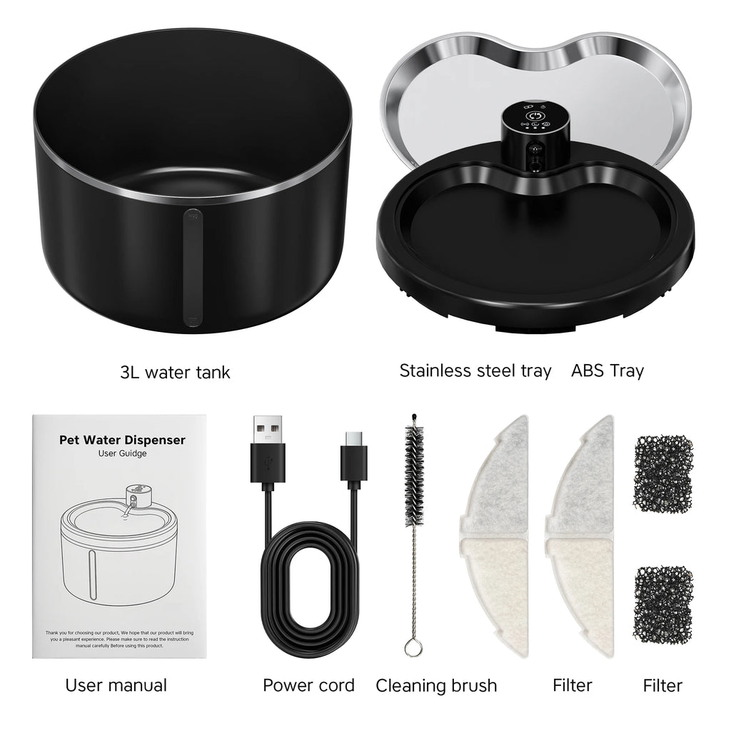 Fontaine à eau pour chat 3 L, bac inox et accessoires (câble, brosse, filtres)