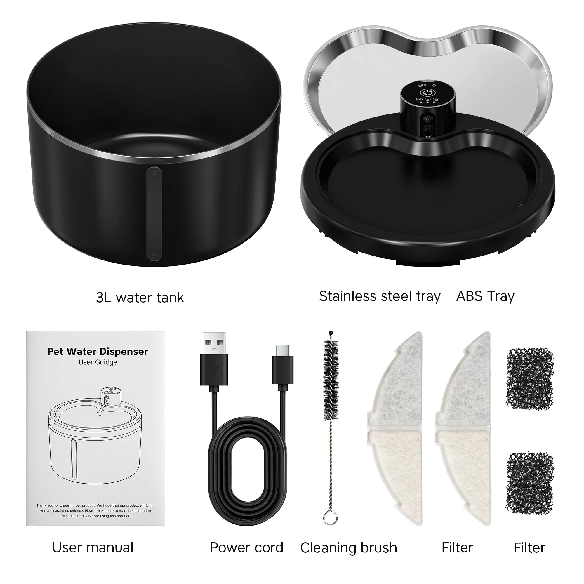 Fontaine à eau pour chat 3 L, bac inox et accessoires (câble, brosse, filtres)