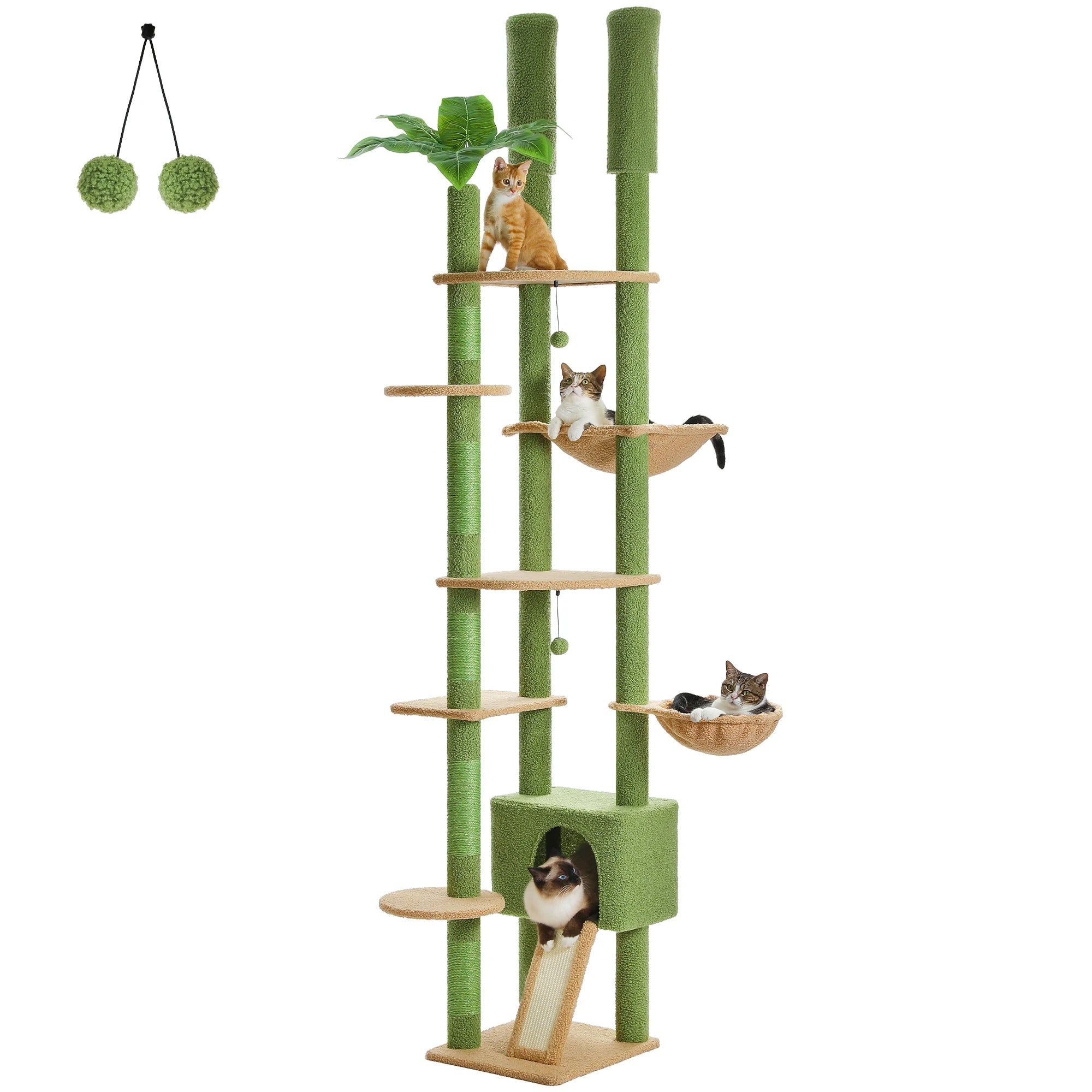 Arbre à chat vert avec poteaux à griffer en sisal, plateformes et hamac pour chats