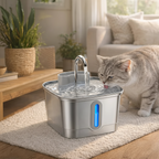 Fontaine à eau inox pour chats avec robinet et indicateur lumineux bleu, chat boit