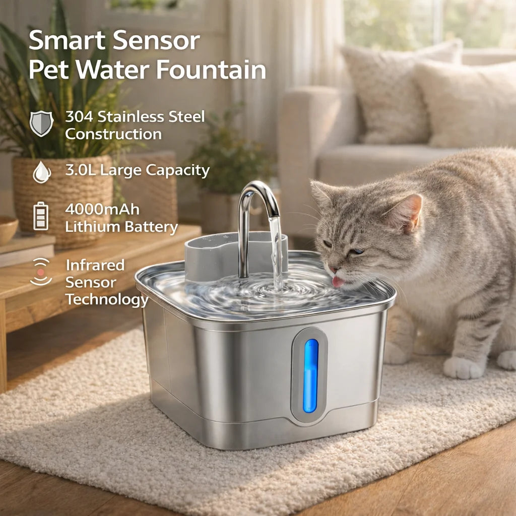 Fontaine à eau inox pour animaux avec robinet et indicateur lumineux bleu
