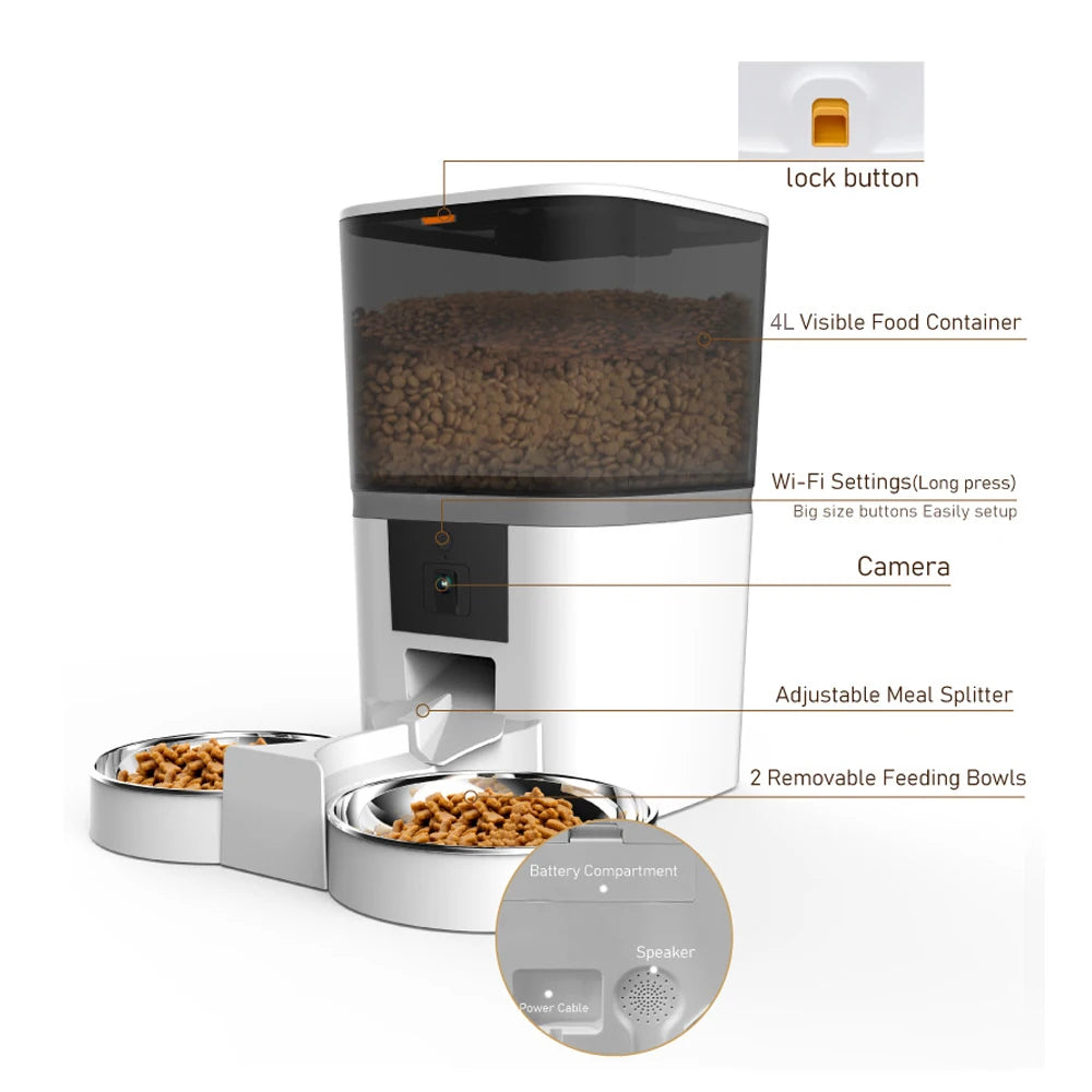 Distributeur automatique de croquettes 4L blanc, réservoir transparent et deux bols amovibles.