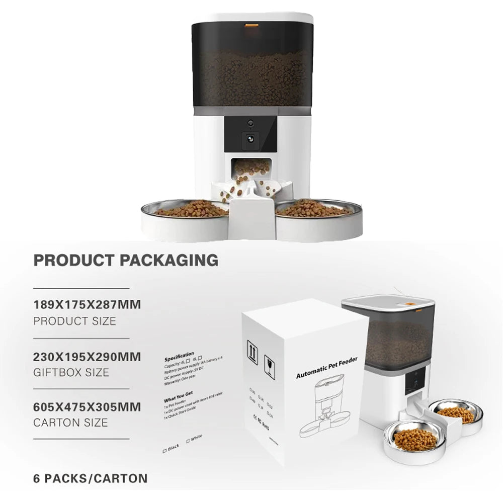 Distributeur automatique de croquettes 4L WiFi, caméra, emballage avec vues produit et dimensions.